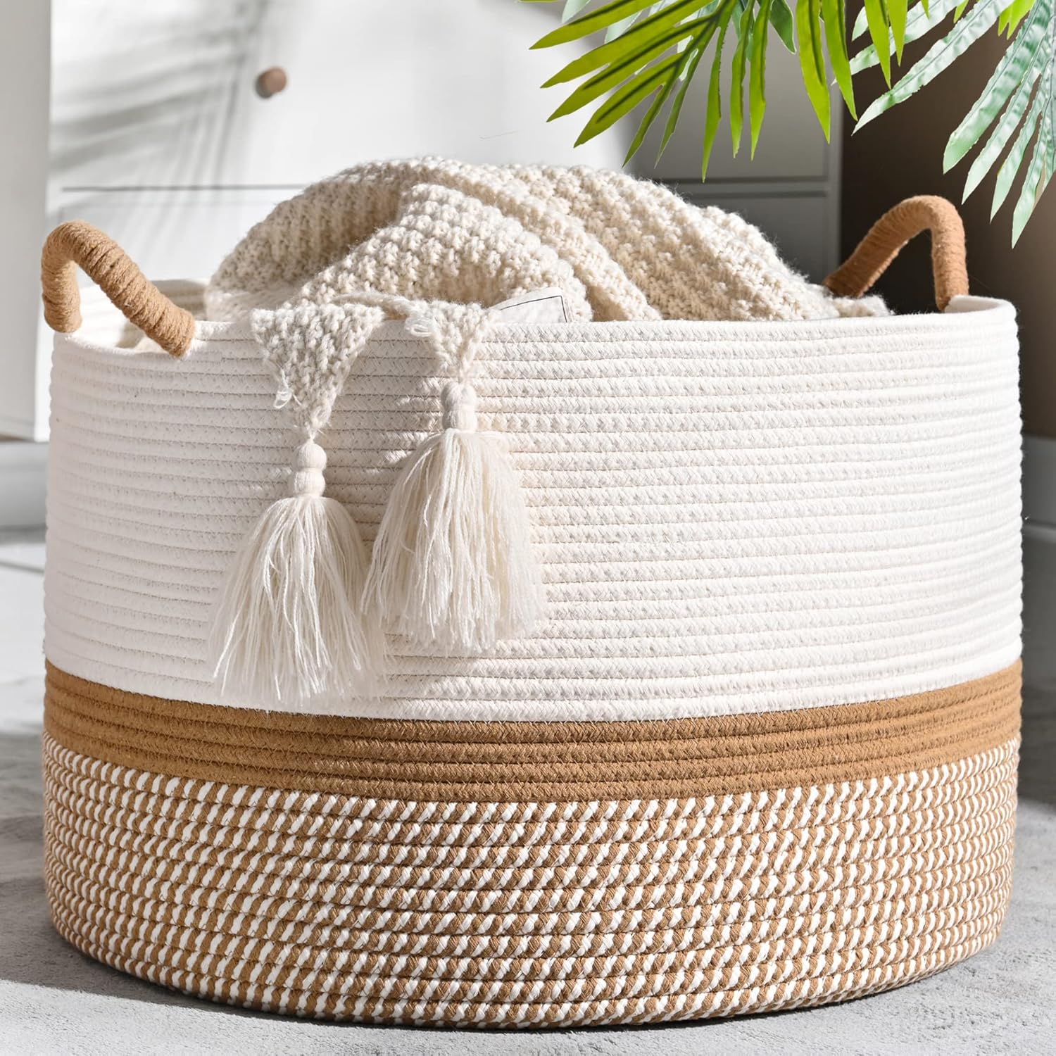 Large Woven Cotton Rope Blanket Storage Basket 20 x 13 White Brown