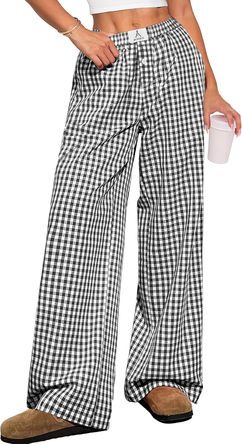Striped Gingham Pajama Lounge Boxer Pants with Pockets