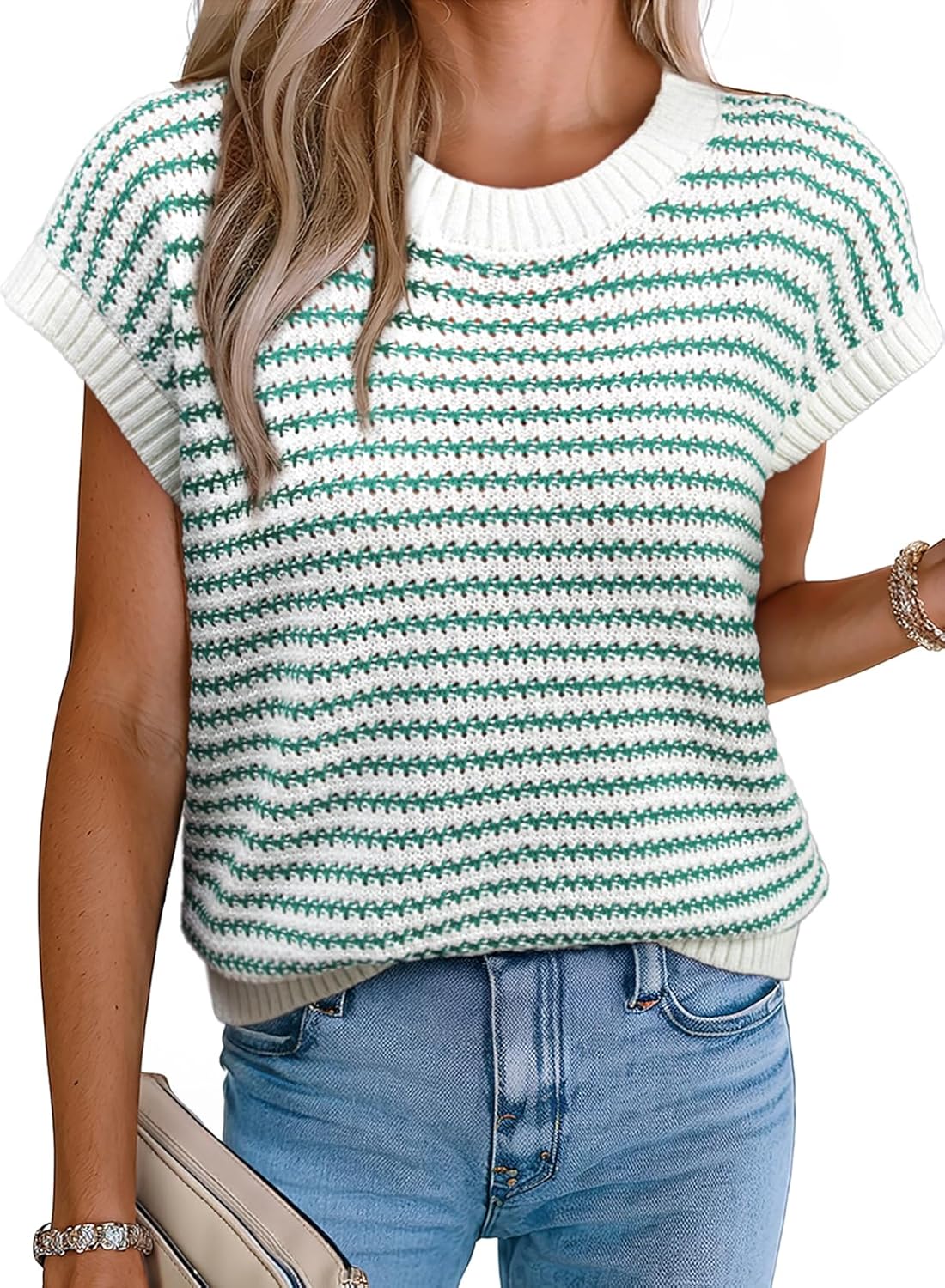 Striped Lightweight Women's Sweater Vest Tank Top — Round Neck