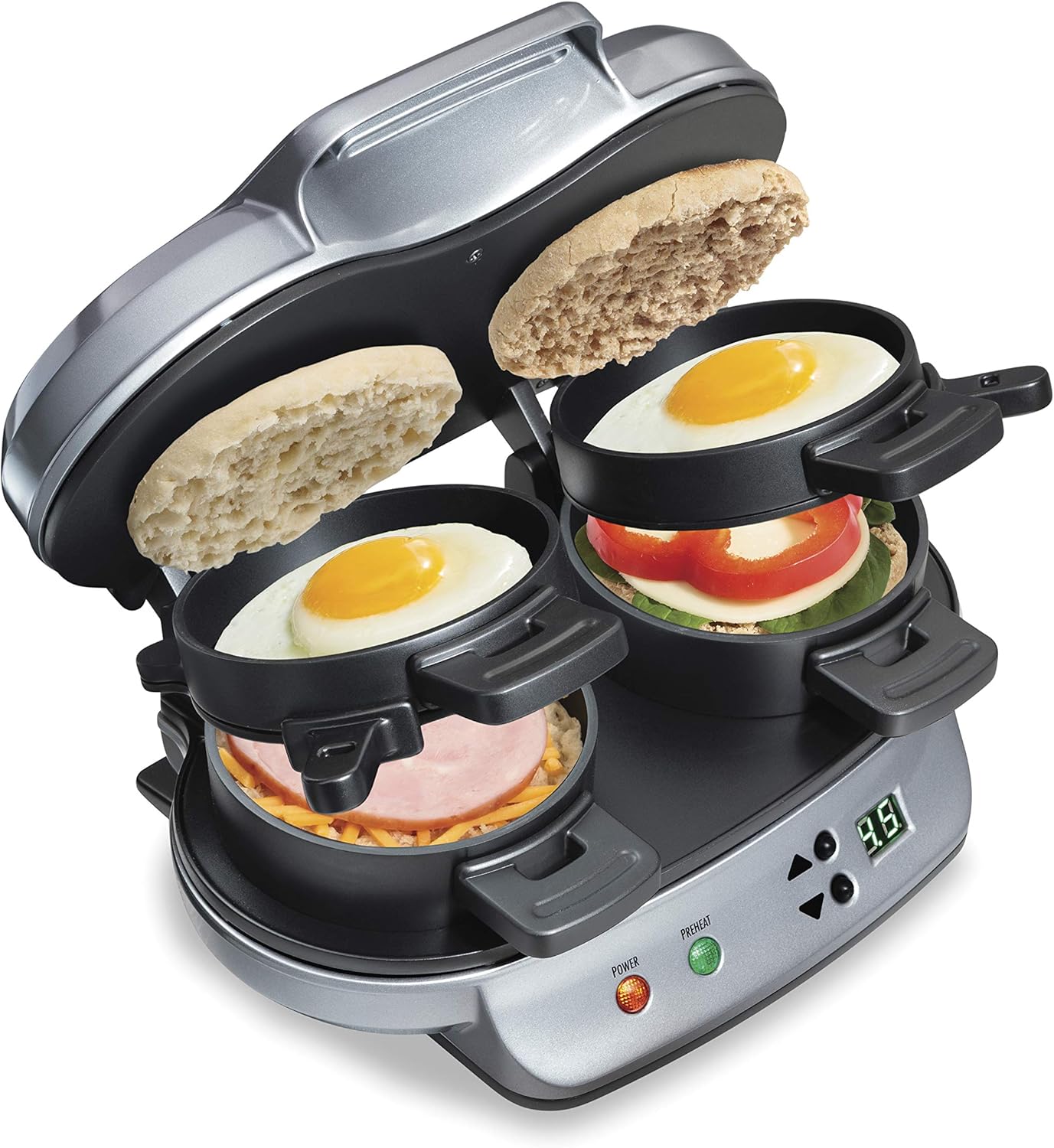 Dual Breakfast Sandwich Maker with Timer and Removable Rings