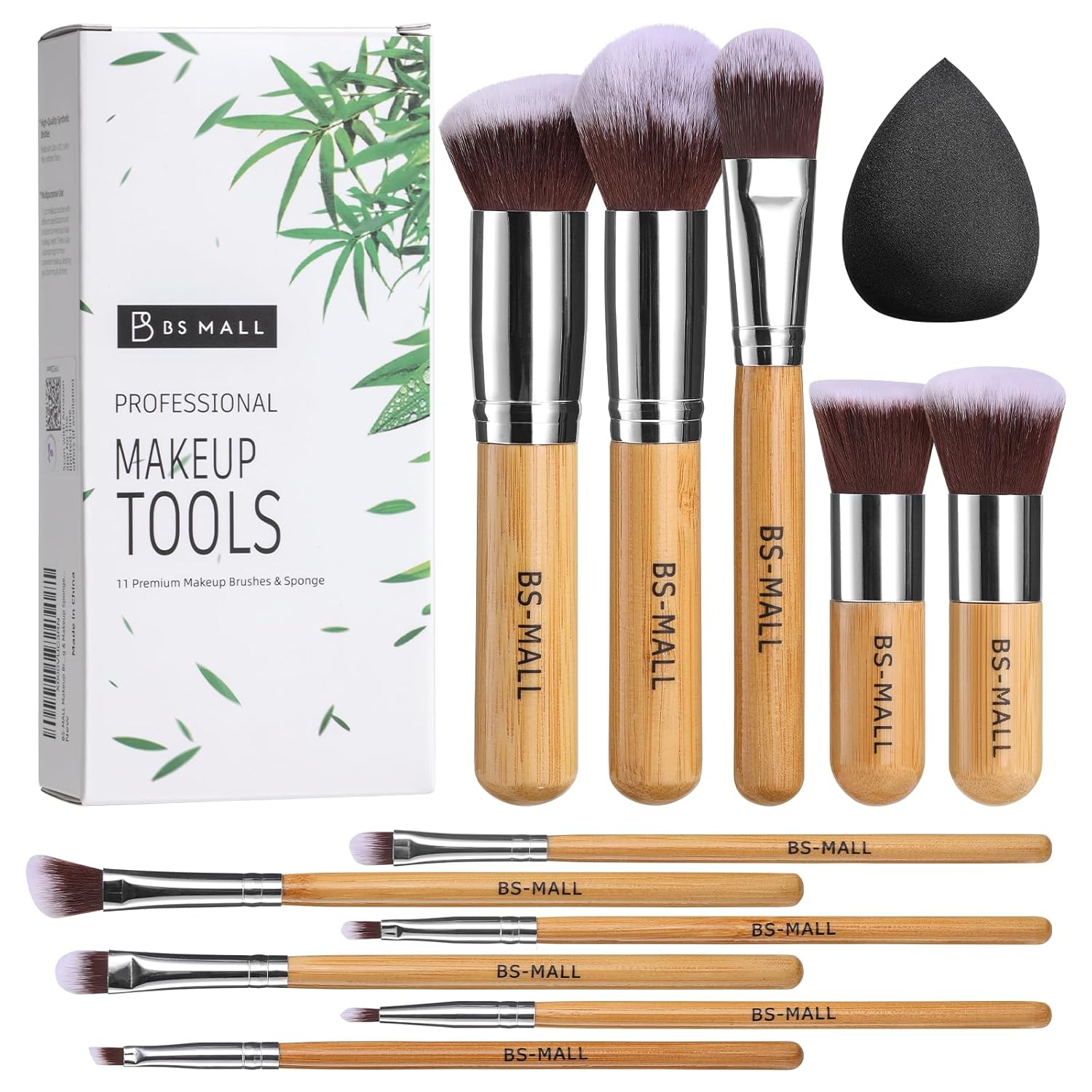 11-Piece Bamboo Synthetic Makeup Brush Set with Bag & Sponge