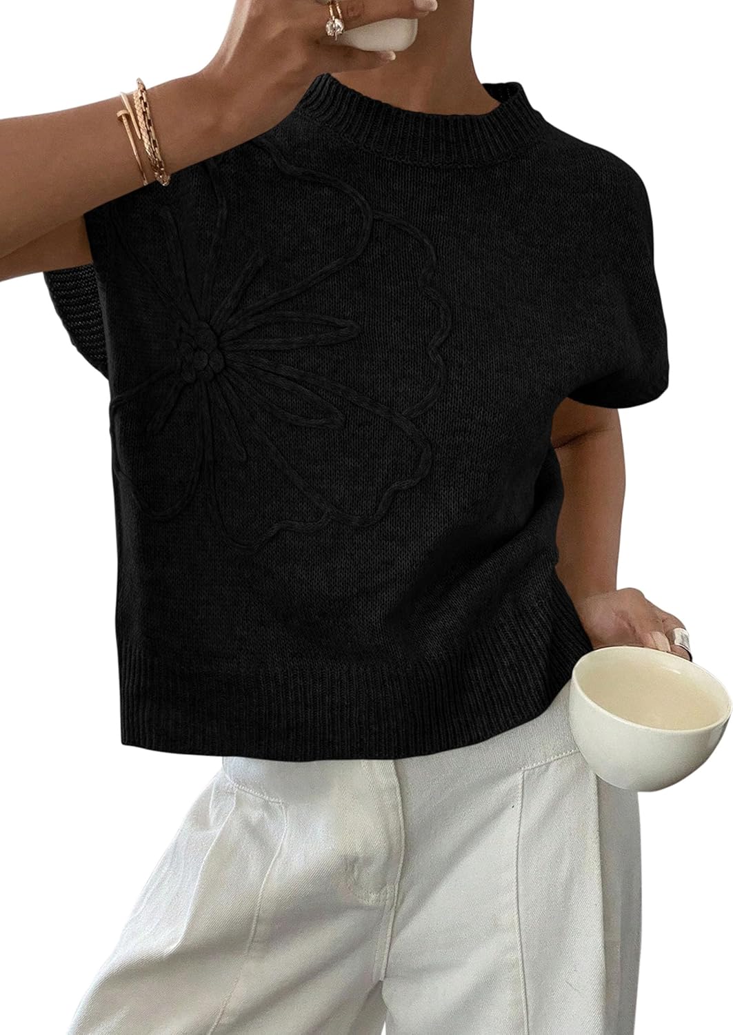 Floral Knit Short Sleeve Sweater Vest Tank Top Spring Summer Casual