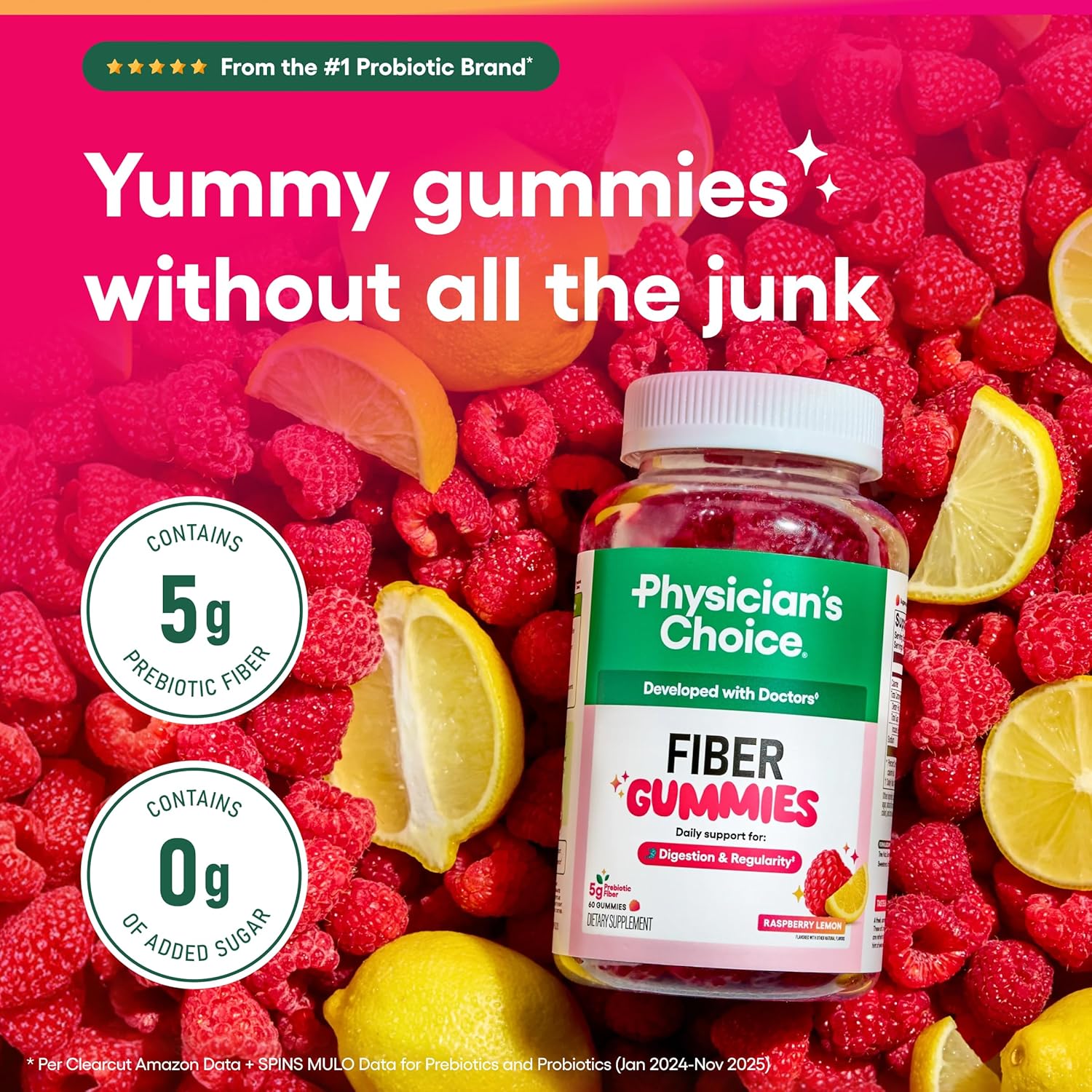 Vegan Raspberry Lemon Prebiotic Fiber Gummies, No Sugar