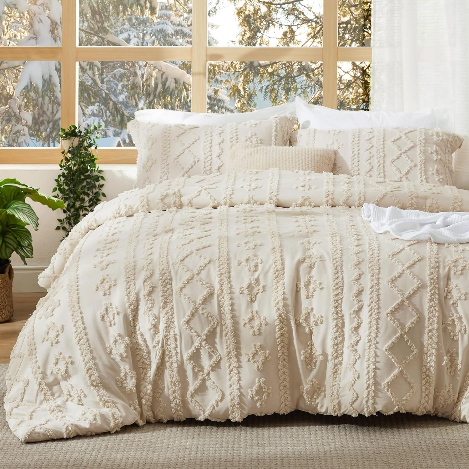 Tufted Boho King Comforter Set 3 Piece Beige Jacquard